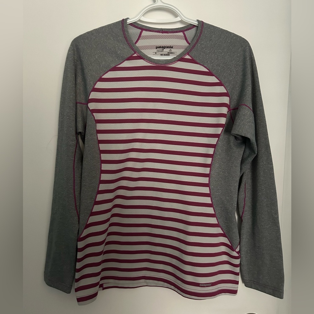 Patagonia Pink and Gray Striped Capilene Shirt